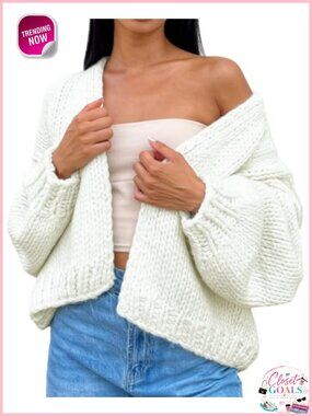 Crochet Chunky Knit Open Front Cardigan Long Sleeve Cable Knit Sweater